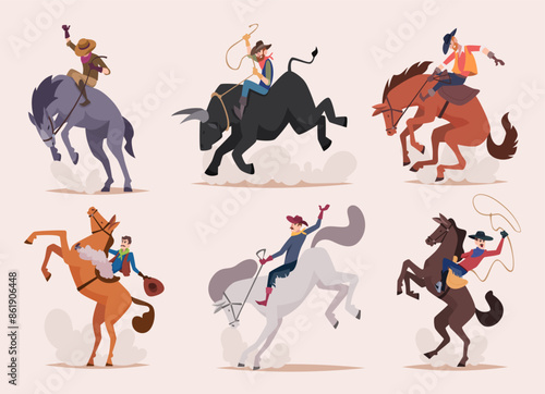 Cowboy. Wild bull riders man with lasso riding on horse exact vector cowboy illustrations