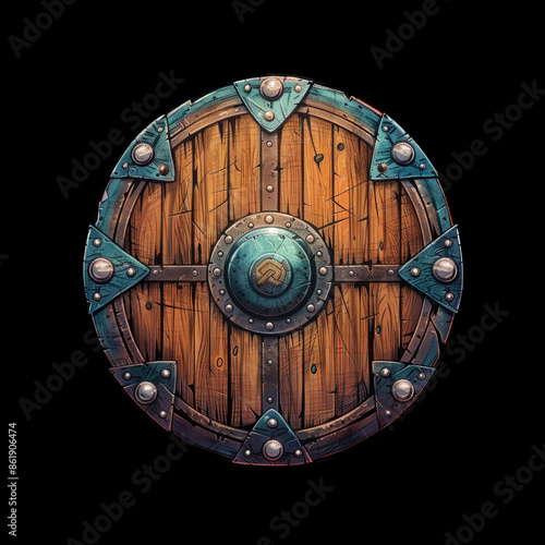 Old wooden Viking shield worn in battles, cartoon 2D illustration isolated on a black background