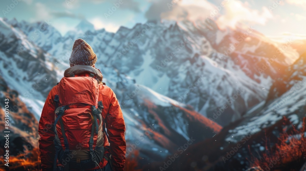 A hiker with a backpack enjoys the breathtaking view of snow-capped mountains, bathed in warm light, during an adventurous journey.