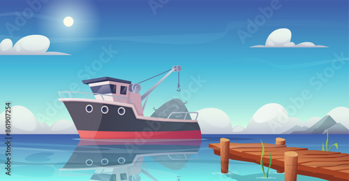Fishing in sea. Cartoon background of marine landscape with fisher boats and nets exact vector template