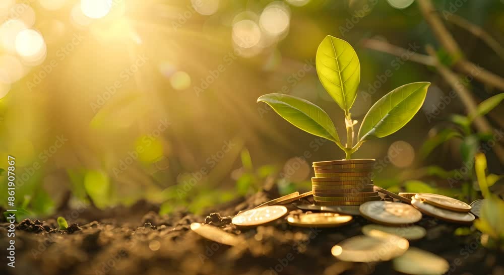 Bright sunlight illuminates a sprouting plant atop coins, representing financial growth and sustainability. Bright sunlight illuminates a sprouting plant atop coins, representing financial growth and sustainability.