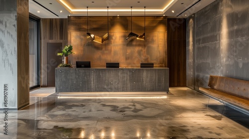 Wallpaper Mural modern lobby interior design, Contemporary Reception Counter Design. Stylish and Functional Lobby Area with Modern Interior Torontodigital.ca