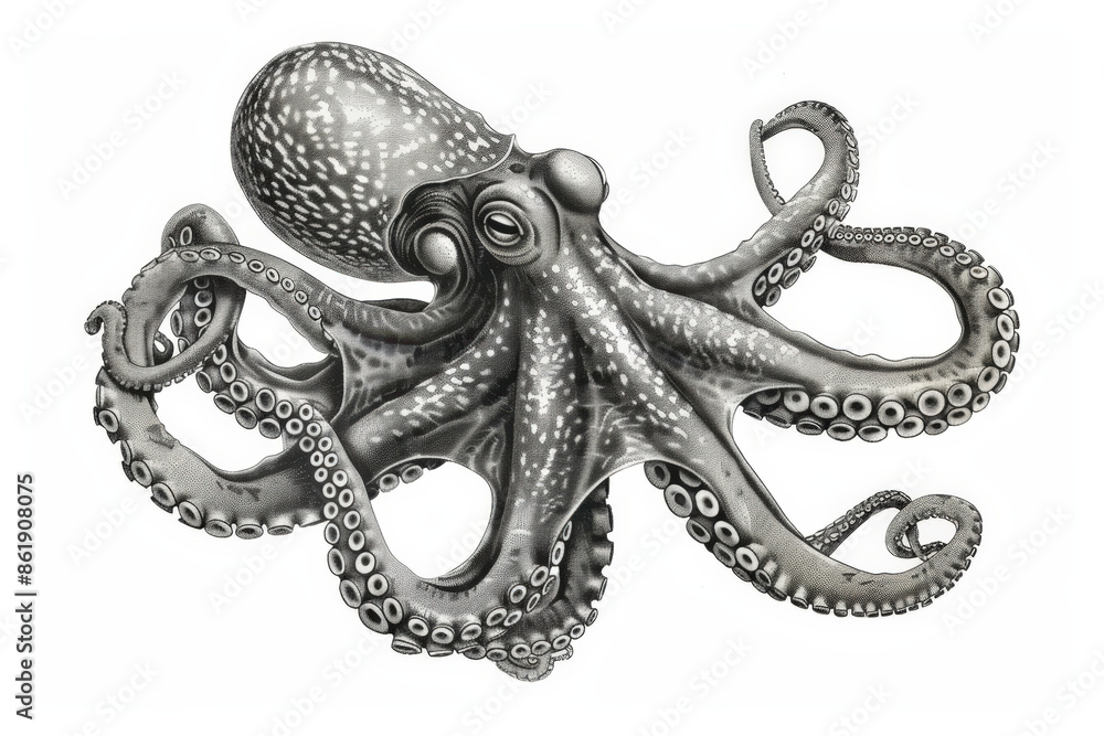 Obraz premium Detailed black and white illustration of a giant pacific octopus gracefully navigating its underwater domain
