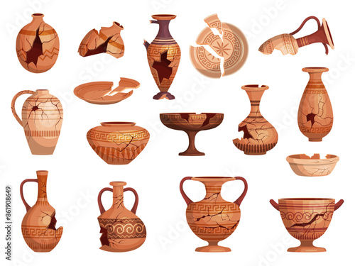 Cracked utensils. Ancient damaged clay ceramics pots recent vector cartoon pictures