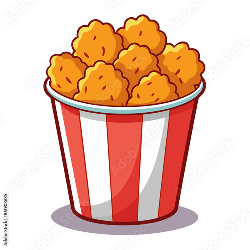 Cartoon set of crispy fried chicken splashing out of the bucket side view Crunchy fast food, wings, thighs, thighs, delicious fried chicken dishes. Frame vector illustration
