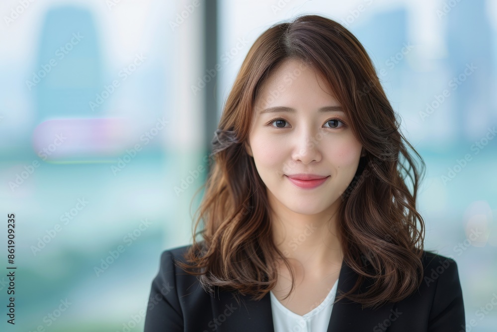 Portrait of young professional woman with wavy hair in modern office setting Portrait of young professional woman with wavy hair in modern office setting