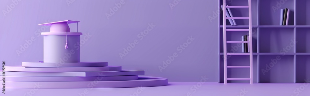 3D rendering of a podium with a graduation hat, ladder and books on a purple background. AI generated illustration 3D rendering of a podium with a graduation hat, ladder and books on a purple background. AI generated illustration