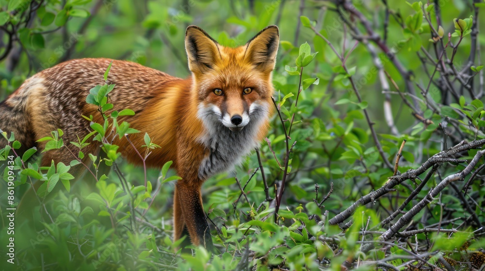 Naklejka premium A red fox hunting in the dense, green underbrush of the Siberian taiga during early spring, alert with vibrant fur contrasting against lush vegetation