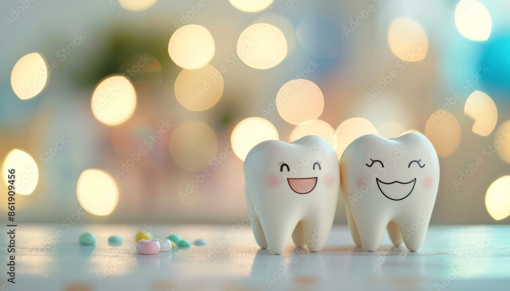 Happy dental cartoon characters encouraging oral health on blurred background with copy space Happy dental cartoon characters encouraging oral health on blurred background with copy space