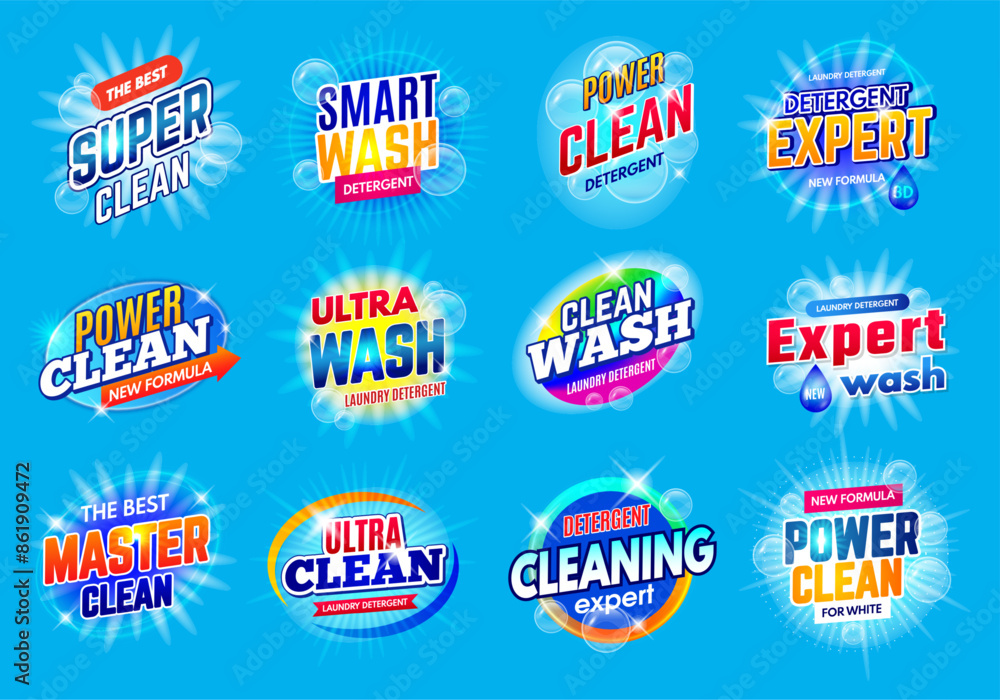 Laundry service logo. Soap detergent new formula badges for package design recent vector templates with place for text Laundry service logo. Soap detergent new formula badges for package design recent vector templates with place for text