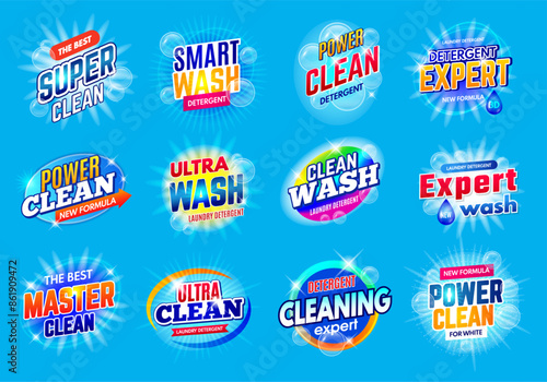 Laundry service logo. Soap detergent new formula badges for package design recent vector templates with place for text
