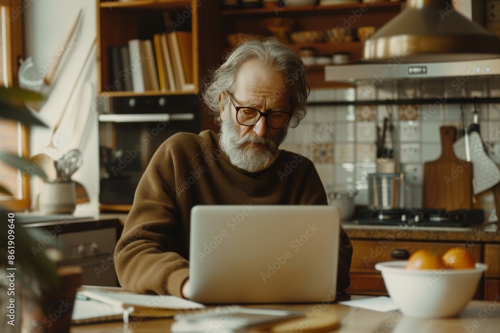 Senior remote worker in glasses typing report on laptop at kitchen table, home office setting Senior remote worker in glasses typing report on laptop at kitchen table, home office setting
