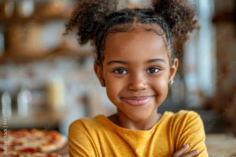 Smiling young girl with curly hair in a yellow shirt standing in a kitchen