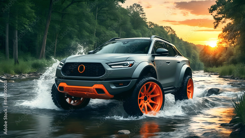 Modern grey orange off road vehicle driving trough river in the forest, auto adventure concept, automotive background, action wallpaper