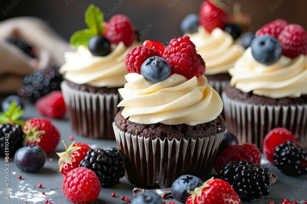 Indulgent chocolate cupcakes with cream cheese frosting and fresh berries for a delightful treat Indulgent chocolate cupcakes with cream cheese frosting and fresh berries for a delightful treat