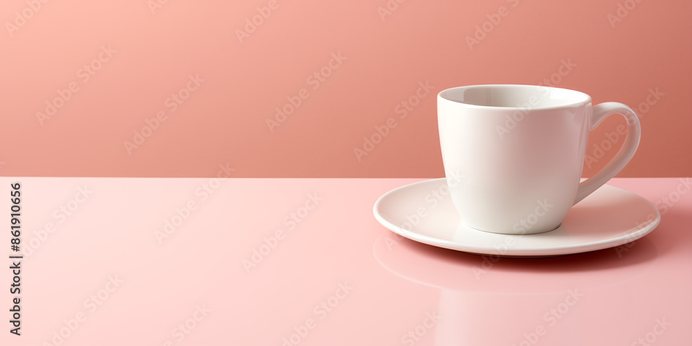 White cup and saucer on plain pink background, copy space White cup and saucer on plain pink background, copy space