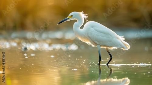 A snowy egret standing in shallow water, its reflection perfectly mirrored in the calm morning light