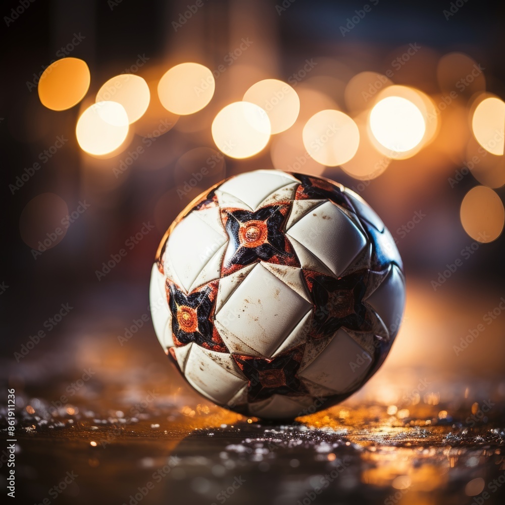 Naklejka premium Image of a vintage soccer ball on a dark surface with a defocused background of blurry lights. The ball exudes a retro feel, reminiscent of classic soccer games and timeless sportsmanship