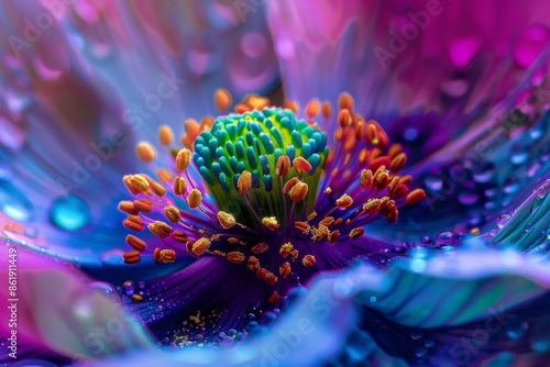 A closeup photo showing the vivid colors and intricate details of a flower adorned with water droplets