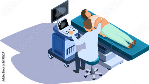 isometric doctor conducting an ultrasound examination of a pregnant woman, vector illustration
