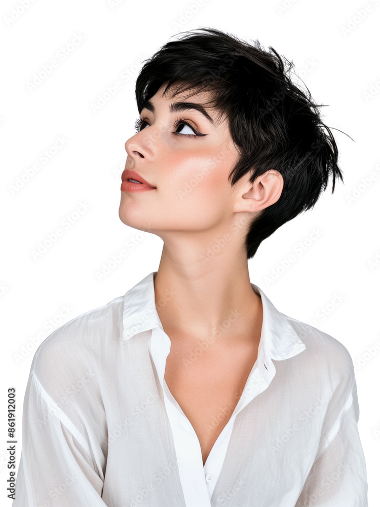 Fashionable cute woman with short black hair wearing a white long-sleeved shirt is looking at herself to the side. Fashionable cute woman with short black hair wearing a white long-sleeved shirt is looking at herself to the side.