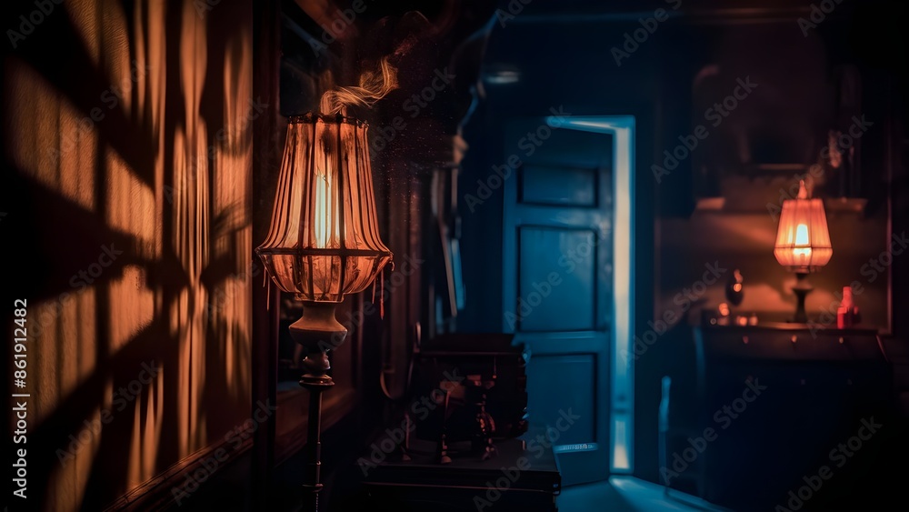 dimly lit room with a flickering incandescent lamp casting eerie shadows on the walls., suspense and mystery atmosphere dimly lit room with a flickering incandescent lamp casting eerie shadows on the walls., suspense and mystery atmosphere