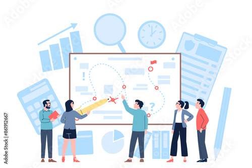 Strategic planning. Business team plan working process on whiteboard. Mistakes and right steps tactic corporate development, recent vector scene