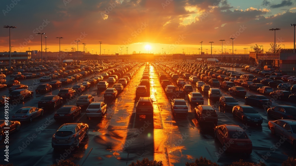 Fototapeta premium Cars parked in a parking lot at sunset with the sun setting