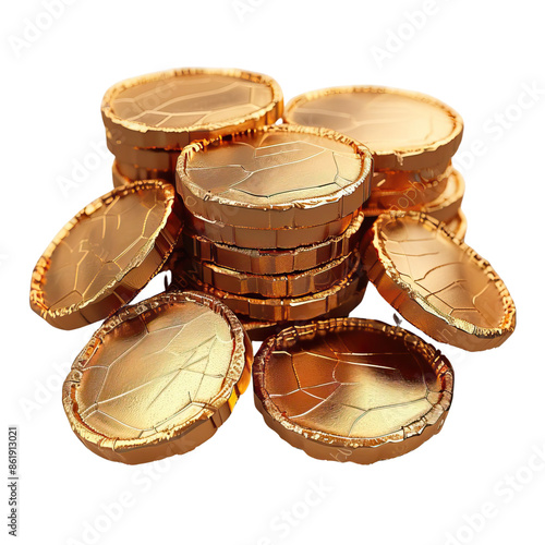 Chocolate Coin, Stack of shiny gold coins arranged in a pile, isolated on a white background. Perfect for financial or treasure-related themes. photo