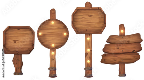 Four rustic wooden signs with glowing lights, isolated on a black background. Perfect for game design or fantasy illustrations.