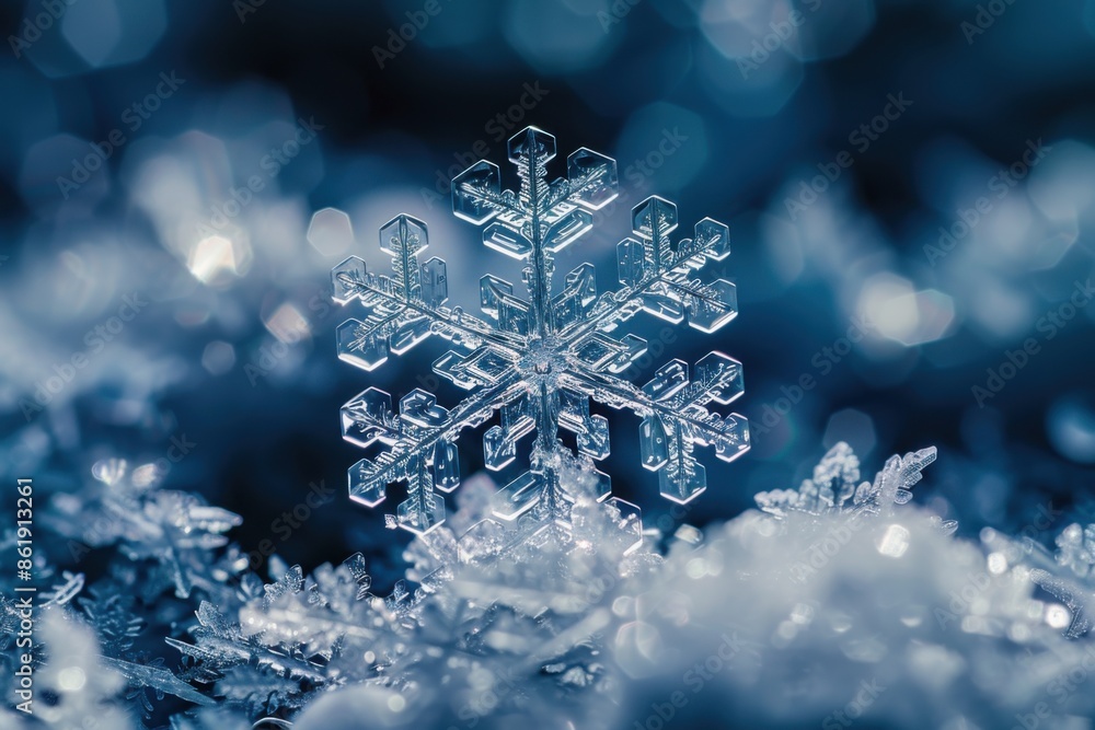 Snowflake on a blue background with a blurry background, winter Snowflake on a blue background with a blurry background, winter