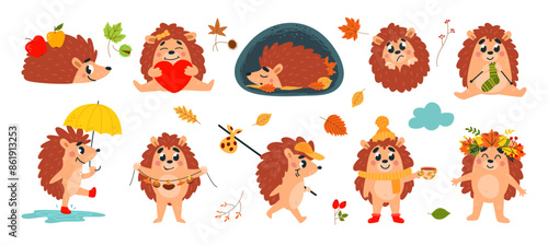 Forest autumn hedgehogs. Funny cartoon hedgehog walking sleeping and drink tea. Warm cozy animal at fall knitting and dry mushrooms, classy vector set