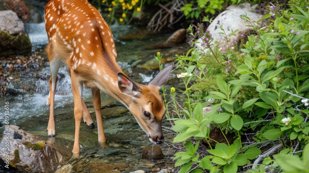 A graceful deer drinking from a crystal clear stream surrounded by vibrant green foliage and small wildflowers A graceful deer drinking from a crystal clear stream surrounded by vibrant green foliage and small wildflowers