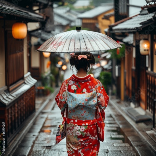 Traditional Japanese Street Scene with Woman in Kimono Under Umbrella in Rain photo