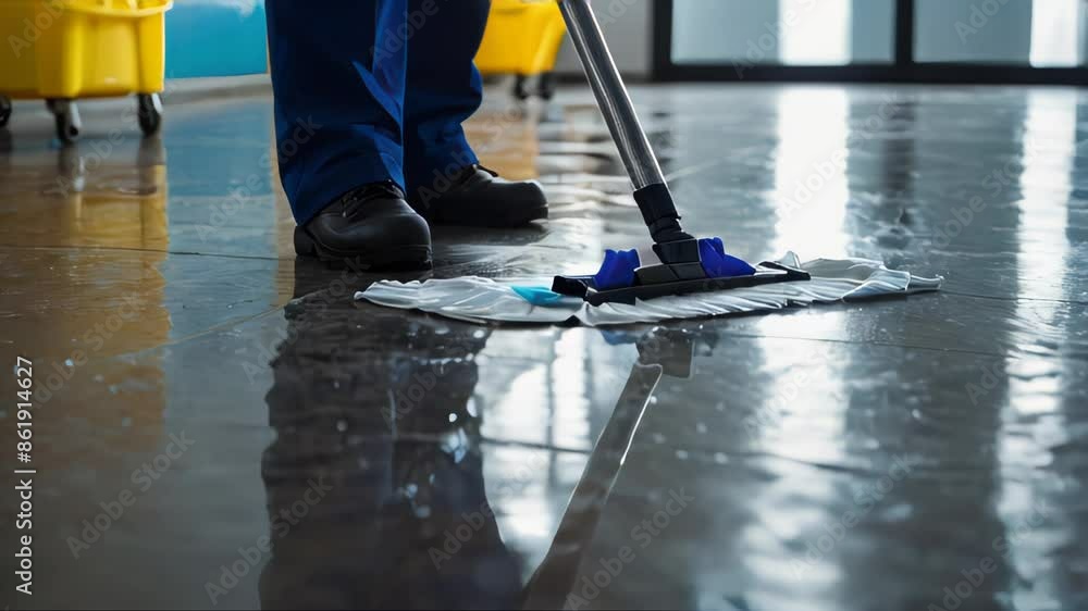 Cleaning staff is wiping cloth with cleaner and disinfectant on the surface of floor Cleaning staff is wiping cloth with cleaner and disinfectant on the surface of floor