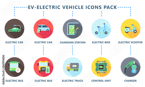 EV-Electric Vehicle rounded multi color icons pack, related to EV, electric vehicle, transportation, electric car and technology theme. use for modern concept, web and app development. Vector EPS 10