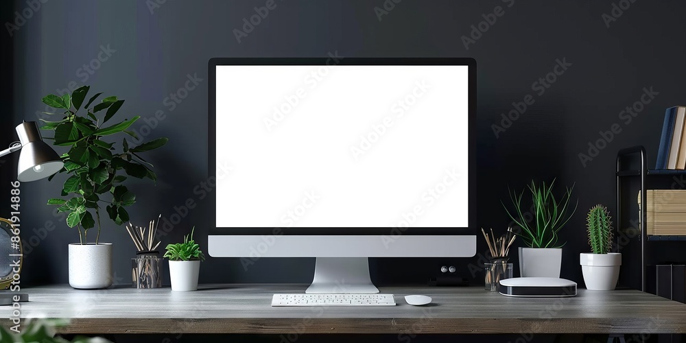 Minimalist Workspace with Computer and Greenery on Wooden Desk Minimalist Workspace with Computer and Greenery on Wooden Desk