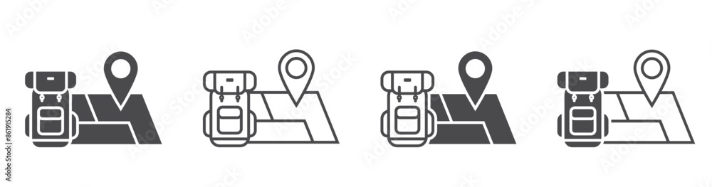 backpack and map with location pin flat and line icon set. travel and vacation symbols. isolated vector illustrations for tourism design backpack and map with location pin flat and line icon set. travel and vacation symbols. isolated vector illustrations for tourism design