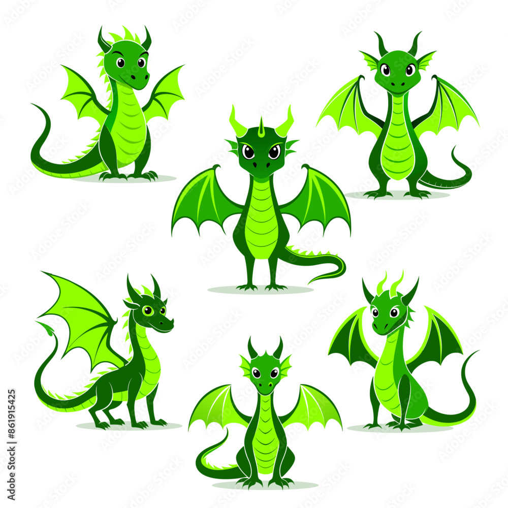 Obraz premium Six different playful, cartoon and whimsical style green dragons in various poses. 