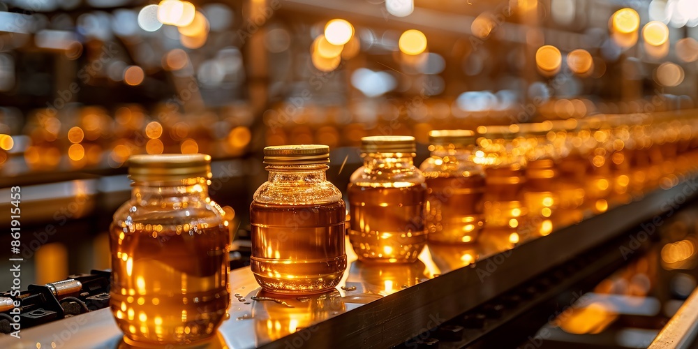 Golden Honey Jars on Conveyor Belt in Industrial Setting with Warm Lighting Golden Honey Jars on Conveyor Belt in Industrial Setting with Warm Lighting
