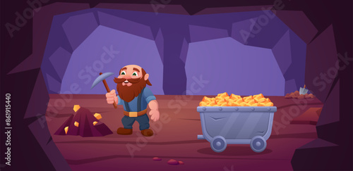 Cartoon mining background. Cute dwarf miner mines gold stones, nuggets and crystals in cave. Wooden trolley in mine tunnel, nowaday vector scene