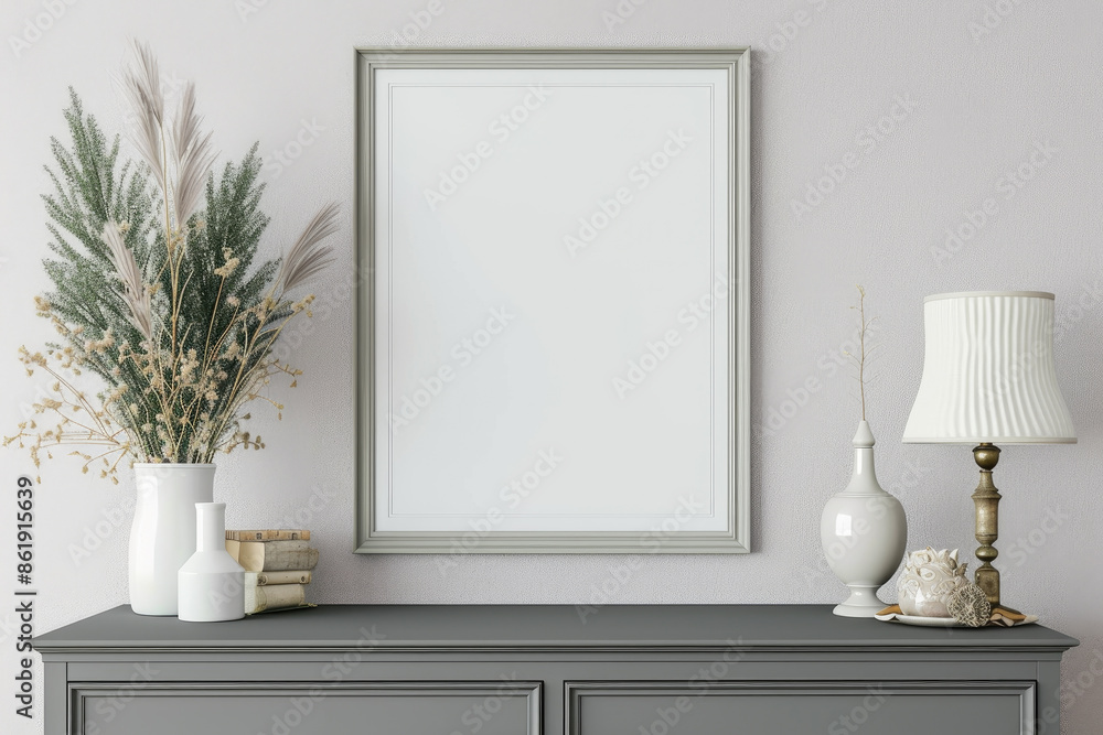 Blank poster on white wall above chest of drawers, minimalist home scene, frame mockup picture on dresser in room interior. Concept of Scandinavian design, mock up Blank poster on white wall above chest of drawers, minimalist home scene, frame mockup picture on dresser in room interior. Concept of Scandinavian design, mock up