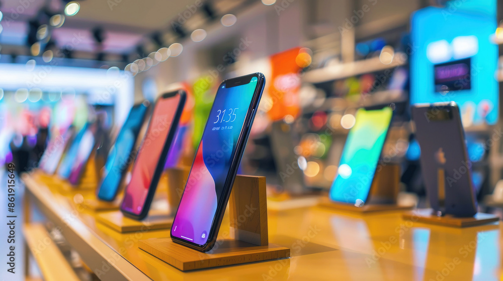 New smartphones stands on display in store, mobile phones show for sale in electronics shop. Concept of cell, retail, product, technology, cellphone New smartphones stands on display in store, mobile phones show for sale in electronics shop. Concept of cell, retail, product, technology, cellphone
