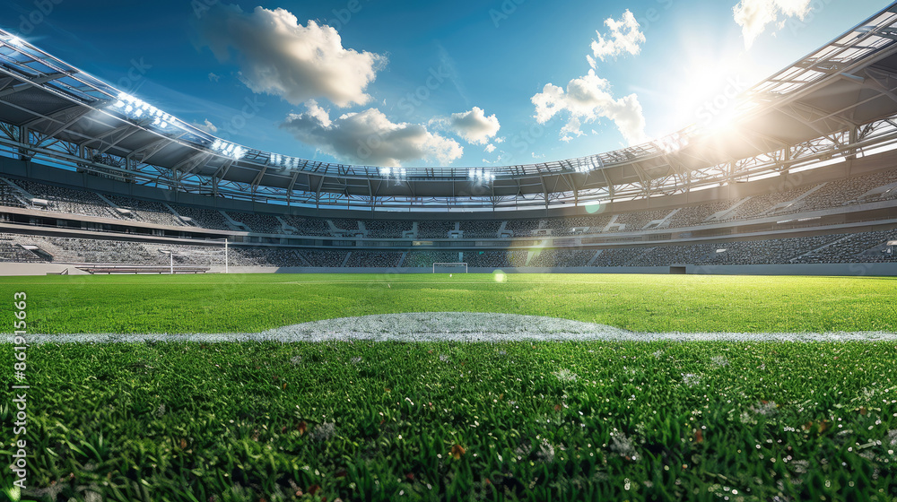 Grass and tribunes at stadium in summer, view of empty soccer field, line and sky for background. Concept of sport, ground, court