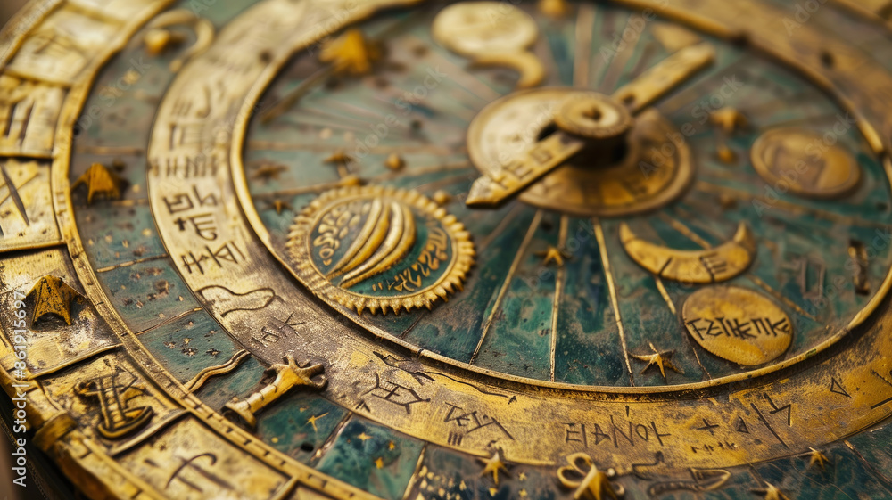 Astrological signs on ancient clock, Medieval Zodiac wheel with constellations, planets and stars. Concept of astrology, horoscope, old vintage mechanism and time Astrological signs on ancient clock, Medieval Zodiac wheel with constellations, planets and stars. Concept of astrology, horoscope, old vintage mechanism and time
