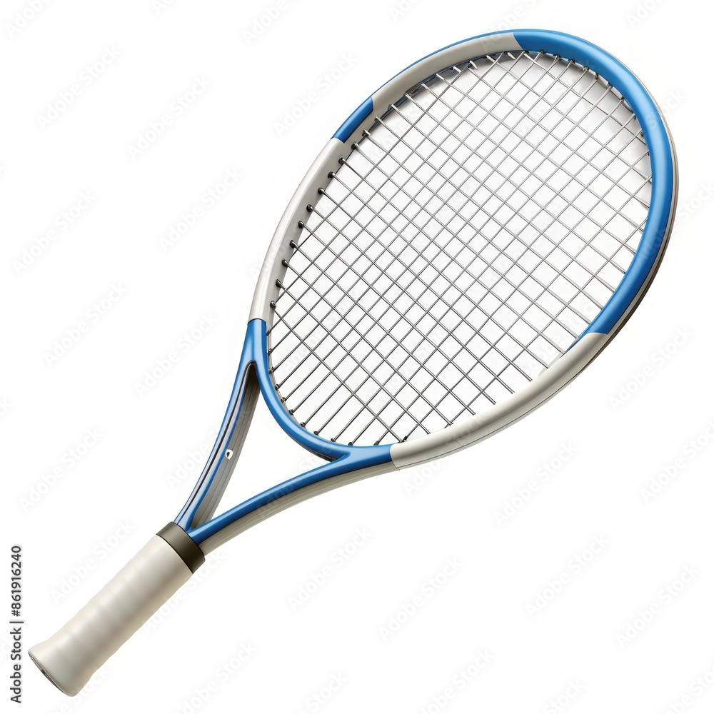 Close-Up of a Blue and Silver Tennis Racket Isolated on White Background. Generative AI Close-Up of a Blue and Silver Tennis Racket Isolated on White Background. Generative AI