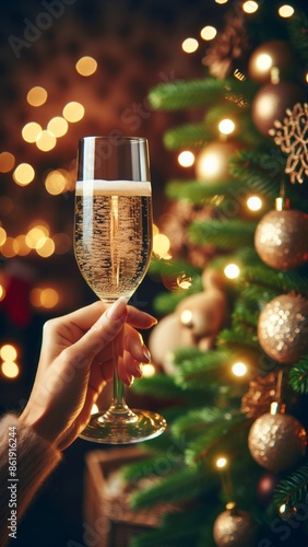 A close up of a hand holding a glass of champagne festive  photo