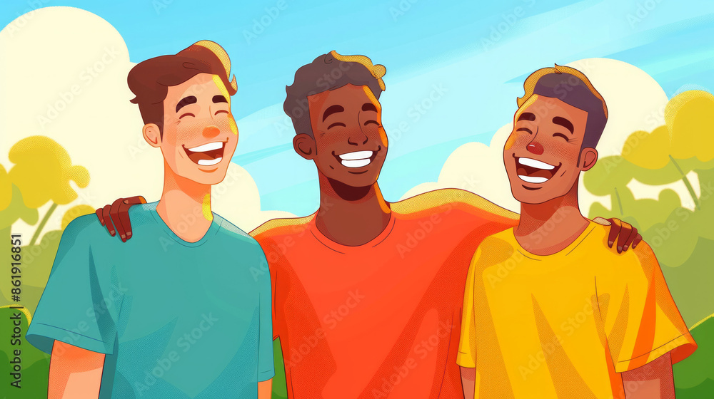 Happy group of diverse multi-racial, multi-ethnic young men friends laughing and smiling together in colorful t-shirts casual clothing motivational inspirational illustration on outdoor background Happy group of diverse multi-racial, multi-ethnic young men friends laughing and smiling together in colorful t-shirts casual clothing motivational inspirational illustration on outdoor background