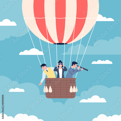 Business people on hot air balloon. Persons searching employers job or vacancy. Creative men women with binoculars and telescope, hunting recent vector concept