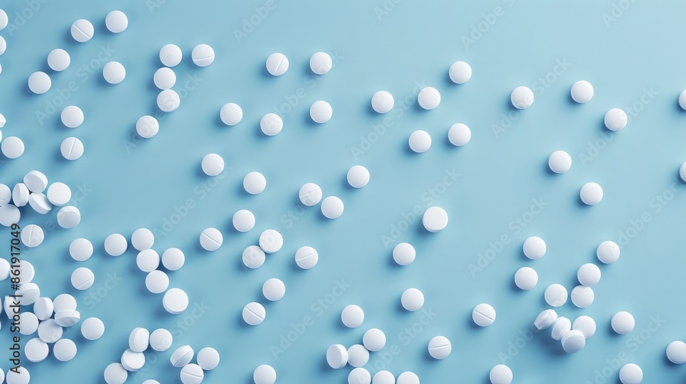 White pills on blue surface with empty space White pills on blue surface with empty space